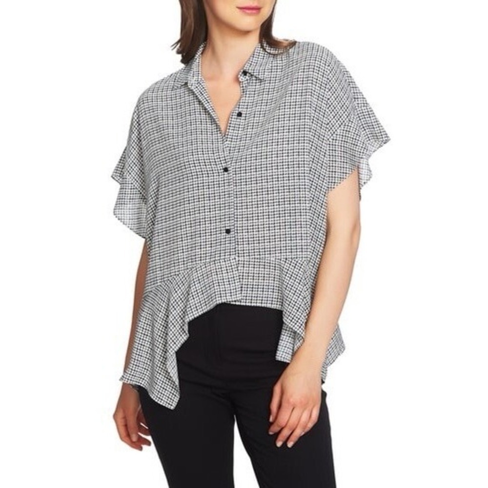 1.State Top Houndstooth Casual Button Down Blouse Asymmetrical Hem - XS